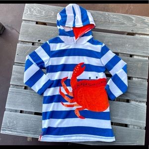 Mini Boden Boys/Girls blue & white striped Hooded Beach/Swim Coverup size 7/8 Y
